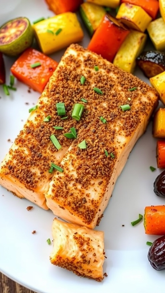 Air fryer salmon fillet with dry rub, garnished with herbs, served with roasted vegetables.